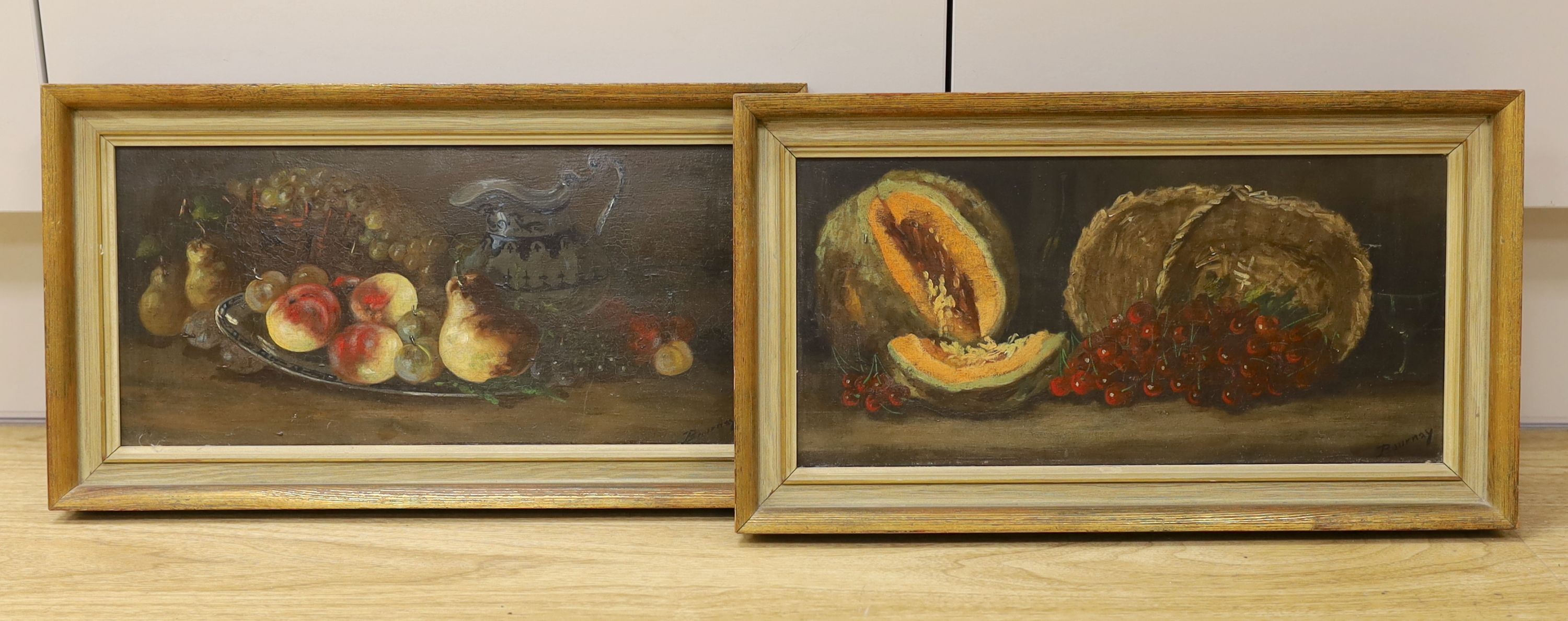 Bournay, pair of oils on panel, Still lifes of fruit, signed, 16 x 34cm